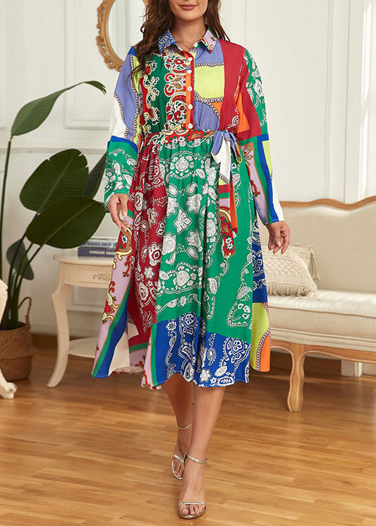 French Green Peter Pan Collar Print Tie Waist Patchwork Chiffon Dress Fall