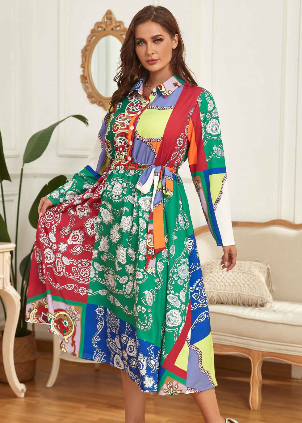 French Green Peter Pan Collar Print Tie Waist Patchwork Chiffon Dress Fall