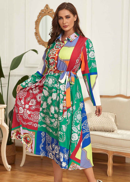 French Green Peter Pan Collar Print Tie Waist Patchwork Chiffon Dress Fall