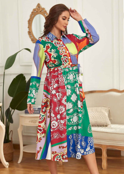 French Green Peter Pan Collar Print Tie Waist Patchwork Chiffon Dress Fall