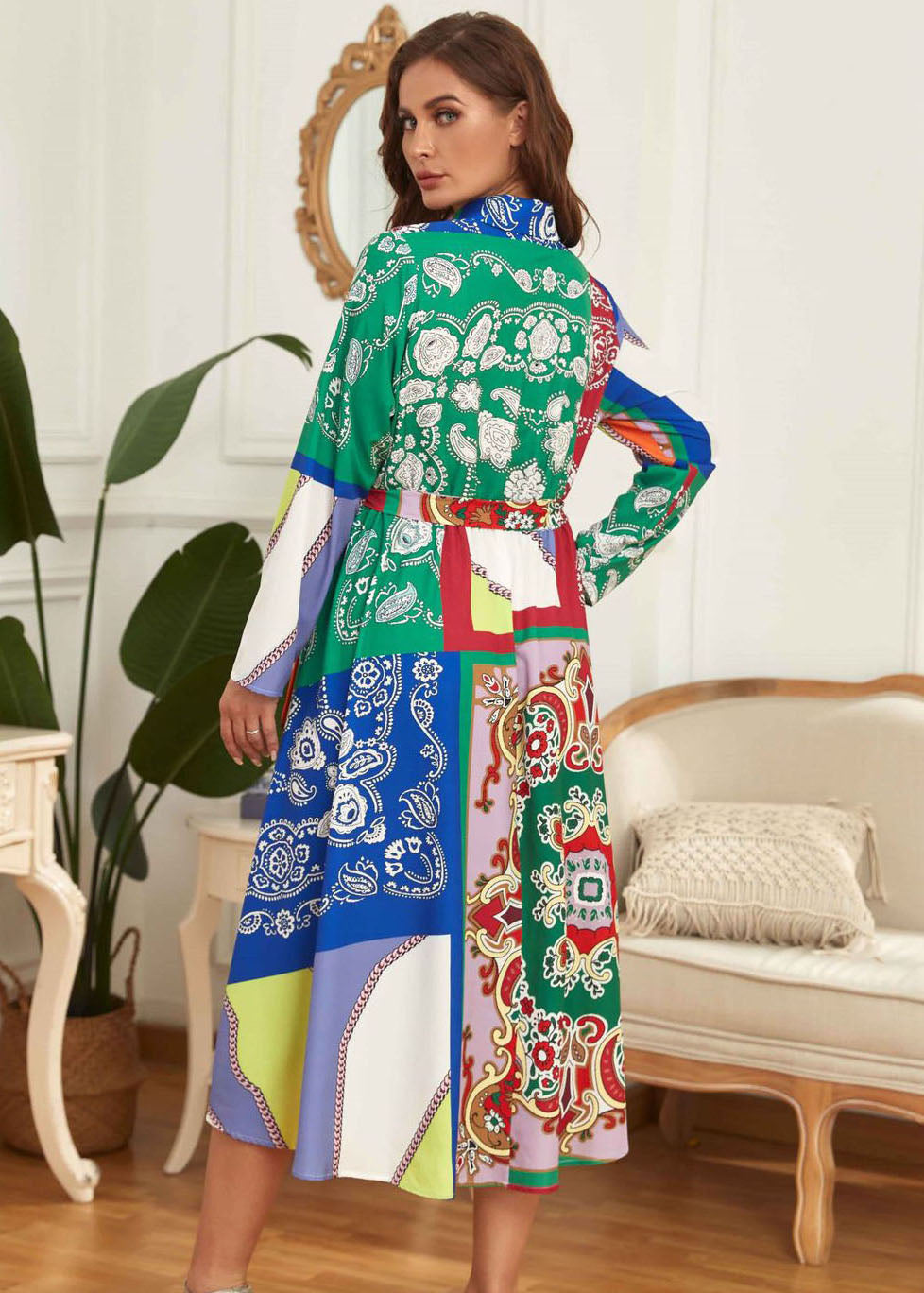 French Green Peter Pan Collar Print Tie Waist Patchwork Chiffon Dress Fall