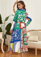 French Green Peter Pan Collar Print Tie Waist Patchwork Chiffon Dress Fall