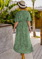 French Green Print Wrinkled Long Dresses Short Sleeve