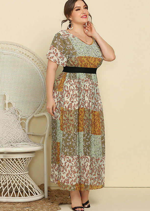 French Green Print Wrinkled Patchwork Chiffon Long Dress Summer