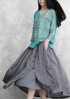 French Grey Elastic Waist Oriental Summer Linen Skirt