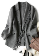 Load image into Gallery viewer, French Grey Notched Tassel Solid Woolen Blend Coat Fall