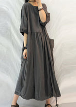 Load image into Gallery viewer, French Grey Oversized Patchwork Drawstring Wrinkled Cotton Dress Half Sleeve