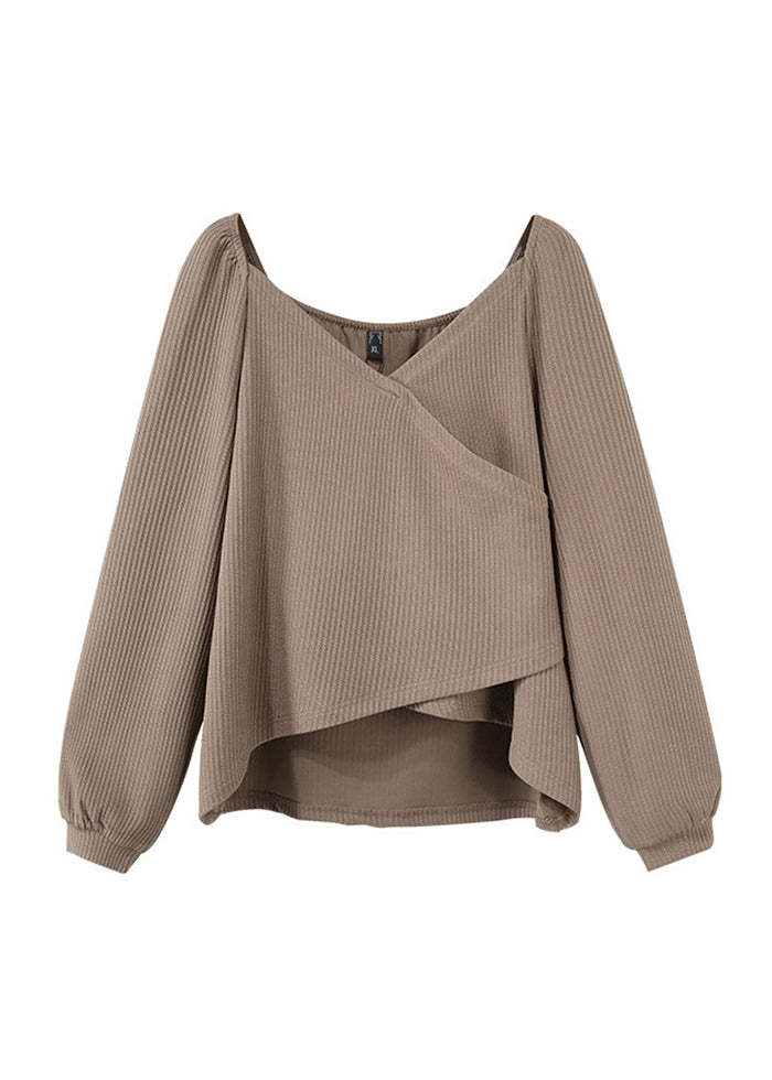 French Khaki Asymmetrical Cotton Shirt Puff Sleeve