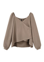 French Khaki Asymmetrical Cotton Shirt Puff Sleeve
