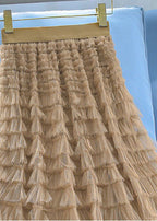 French Khaki Elastic Waist Layered Ruffled Patchwork Tulle Skirt Spring