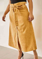 French Khaki Lace Up High Waist Patchwork Corduroy A Iine Skirts Fall