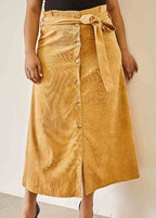 French Khaki Lace Up High Waist Patchwork Corduroy A Iine Skirts Fall