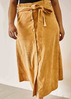 French Khaki Lace Up High Waist Patchwork Corduroy A Iine Skirts Fall