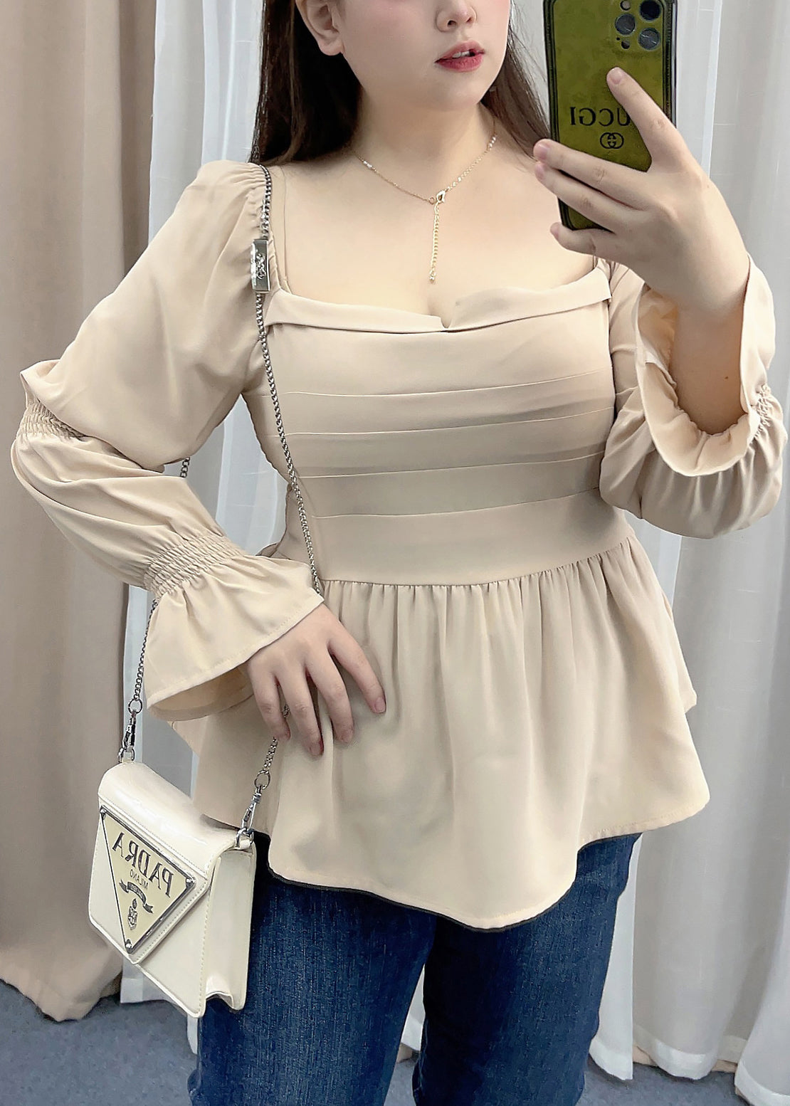 French Khaki Slash Neck Wrinkled Patchwork Chiffon Shirt Top Flare Sleeve