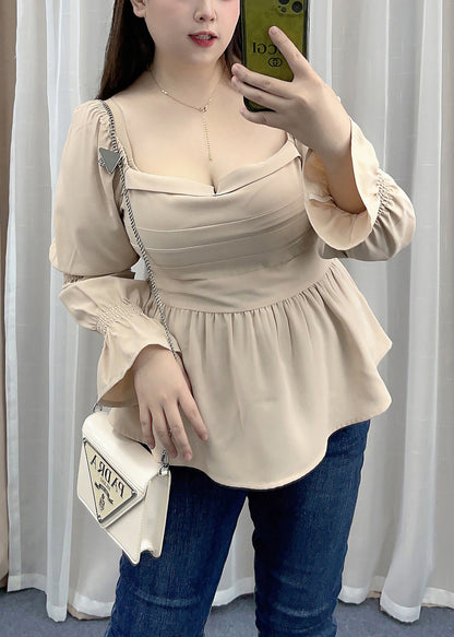 French Khaki Slash Neck Wrinkled Patchwork Chiffon Shirt Top Flare Sleeve