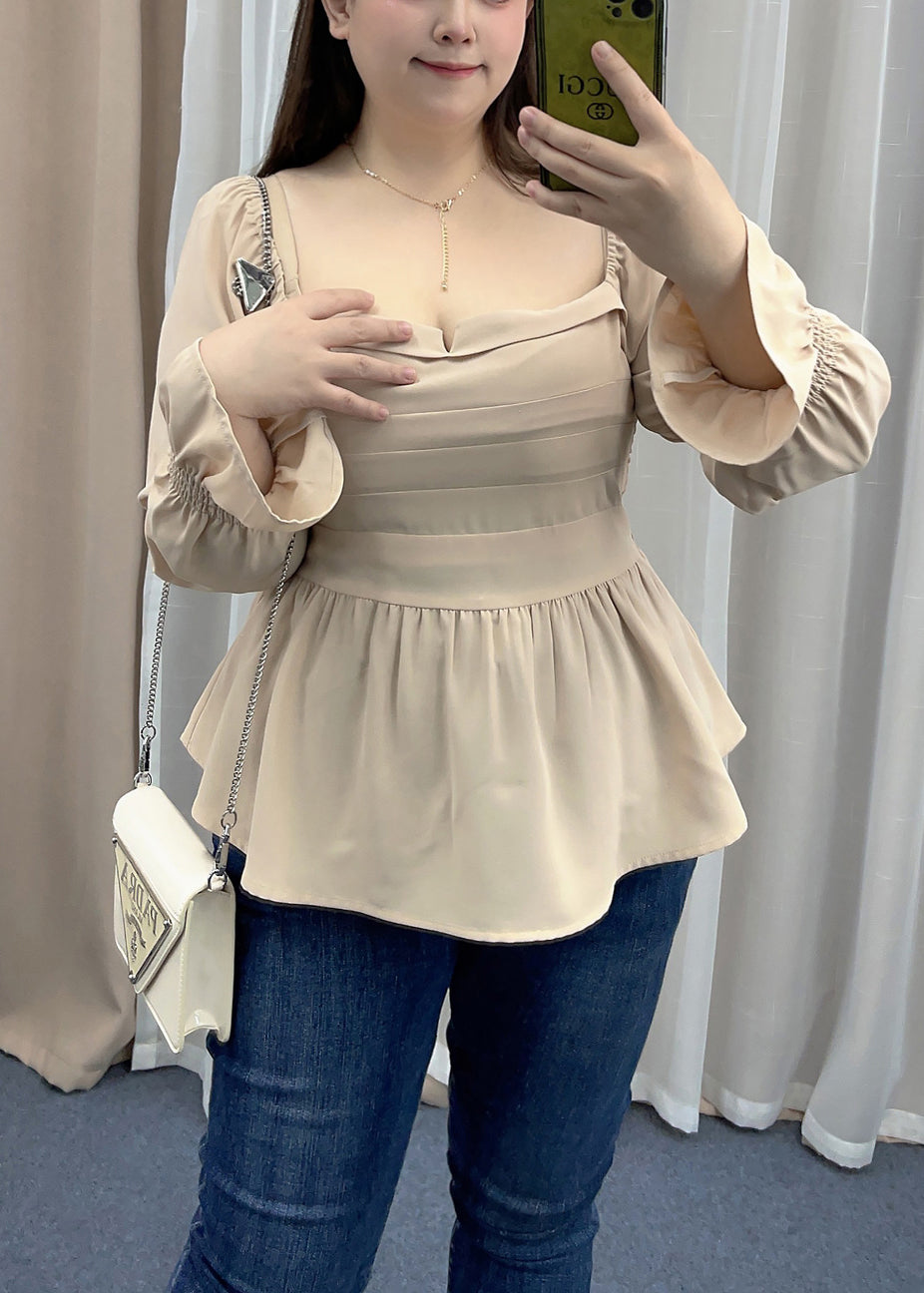 French Khaki Slash Neck Wrinkled Patchwork Chiffon Shirt Top Flare Sleeve