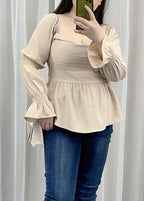 French Khaki Slash Neck Wrinkled Patchwork Chiffon Shirt Top Flare Sleeve