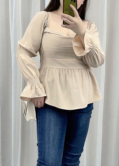 French Khaki Slash Neck Wrinkled Patchwork Chiffon Shirt Top Flare Sleeve