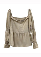 French Khaki Slash Neck Wrinkled Patchwork Chiffon Shirt Top Flare Sleeve