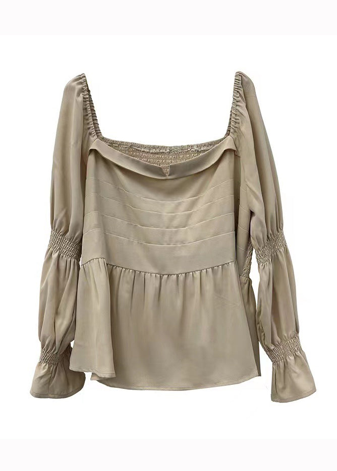 French Khaki Slash Neck Wrinkled Patchwork Chiffon Shirt Top Flare Sleeve