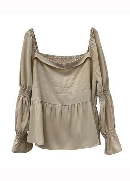 French Khaki Slash Neck Wrinkled Patchwork Chiffon Shirt Top Flare Sleeve