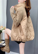 Load image into Gallery viewer, French Khaki Stand Collar Zip Up Knit Patchwork Fine Cotton Filled Coat Winter