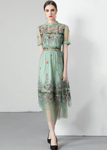 Load image into Gallery viewer, French Light Green Ruffled Embroideried Wrinkled Tulle Dress Summer