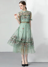 Load image into Gallery viewer, French Light Green Ruffled Embroideried Wrinkled Tulle Dress Summer