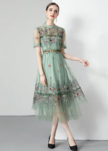 Load image into Gallery viewer, French Light Green Ruffled Embroideried Wrinkled Tulle Dress Summer