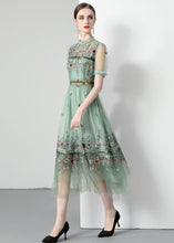 Load image into Gallery viewer, French Light Green Ruffled Embroideried Wrinkled Tulle Dress Summer
