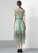 Load image into Gallery viewer, French Light Green Ruffled Embroideried Wrinkled Tulle Dress Summer
