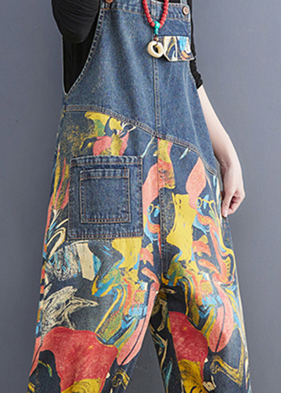 French Navy Pocket Print Denim Jumpsuit Spring