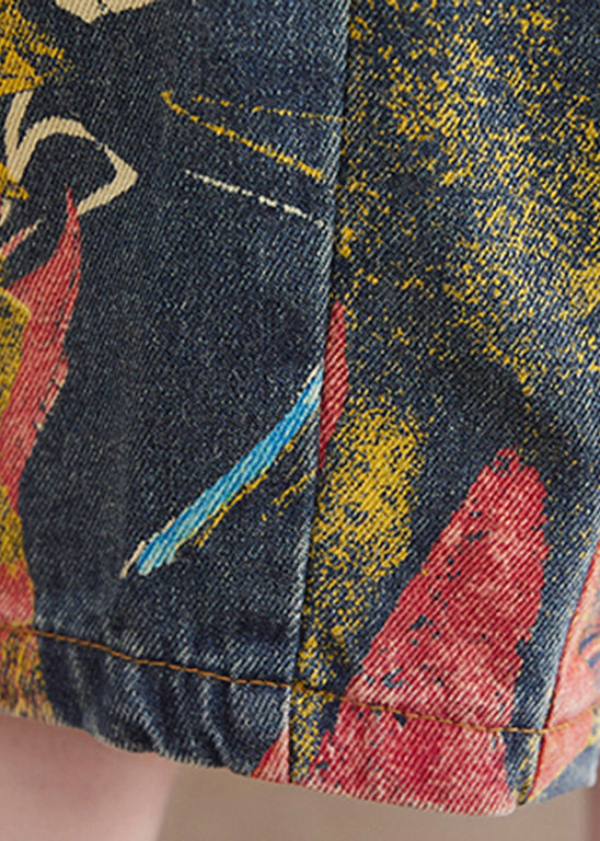 French Navy Pocket Print Denim Jumpsuit Spring