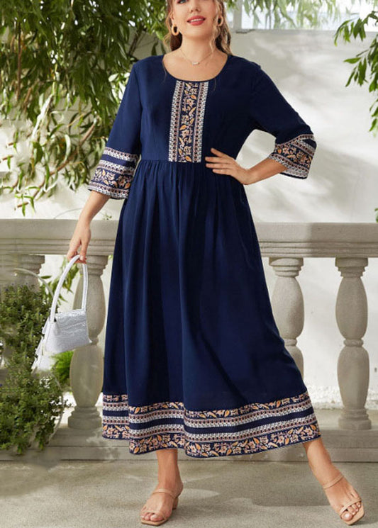 French Navy Print Wrinkled Patchwork Chiffon Long Dress Bracelet Sleeve