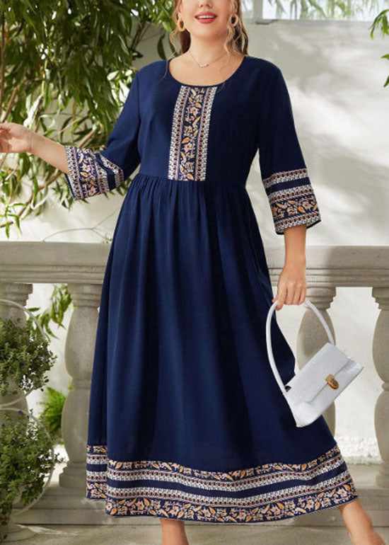 French Navy Print Wrinkled Patchwork Chiffon Long Dress Bracelet Sleeve