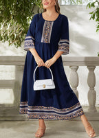 French Navy Print Wrinkled Patchwork Chiffon Long Dress Bracelet Sleeve