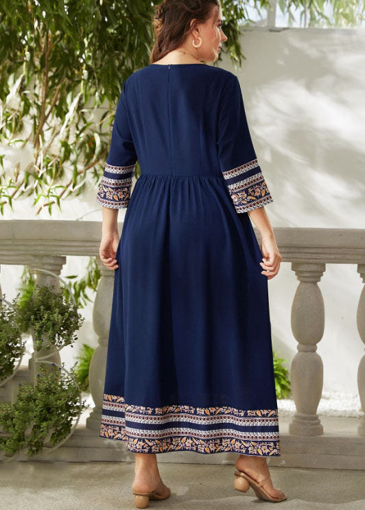 French Navy Print Wrinkled Patchwork Chiffon Long Dress Bracelet Sleeve