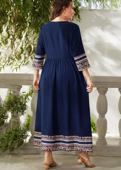 French Navy Print Wrinkled Patchwork Chiffon Long Dress Bracelet Sleeve