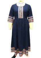 French Navy Print Wrinkled Patchwork Chiffon Long Dress Bracelet Sleeve