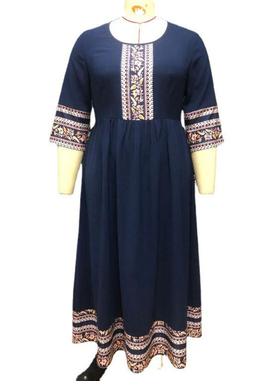 French Navy Print Wrinkled Patchwork Chiffon Long Dress Bracelet Sleeve