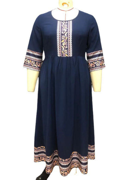 French Navy Print Wrinkled Patchwork Chiffon Long Dress Bracelet Sleeve