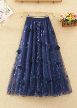 Load image into Gallery viewer, French Navy Wrinkled Embroideried Floral Decorated Tulle Skirts Spring