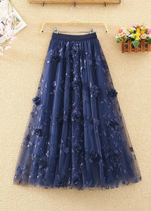 French Navy Wrinkled Embroideried Floral Decorated Tulle Skirts Spring