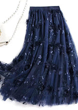 Load image into Gallery viewer, French Navy Wrinkled Embroideried Floral Decorated Tulle Skirts Spring