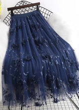 Load image into Gallery viewer, French Navy Wrinkled Embroideried Floral Decorated Tulle Skirts Spring