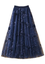 Load image into Gallery viewer, French Navy Wrinkled Embroideried Floral Decorated Tulle Skirts Spring