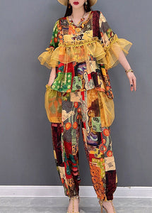 French O-Neck Ruffled Tulle Patchwork Chiffon tops and pants Two Piece Set Summer