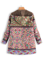 French Pink Hooded Print Pockets Patchwork Warm Fleece Coats Fall