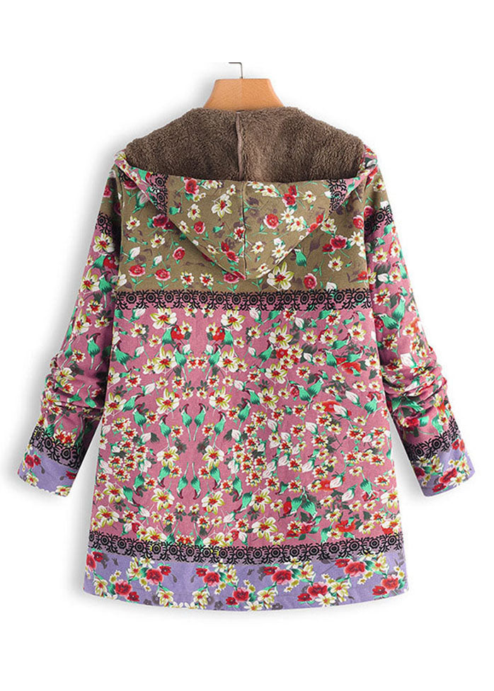 French Pink Hooded Print Pockets Patchwork Warm Fleece Coats Fall