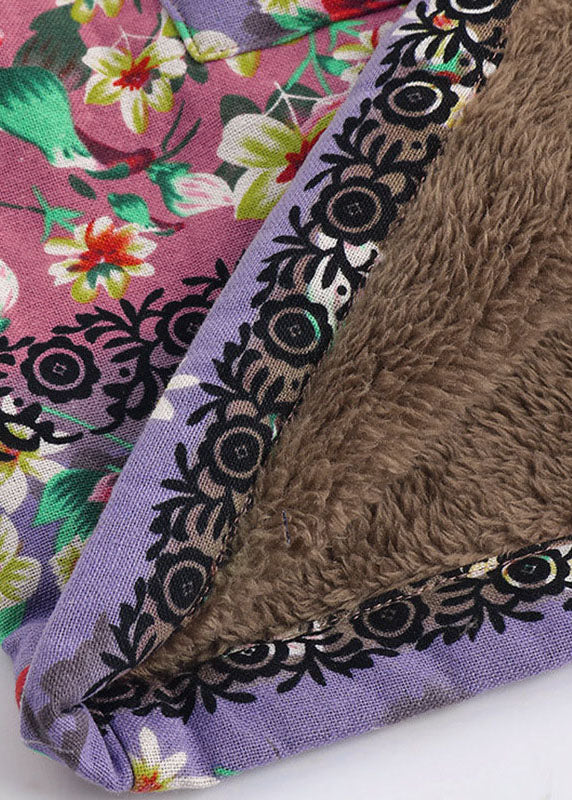 French Pink Hooded Print Pockets Patchwork Warm Fleece Coats Fall